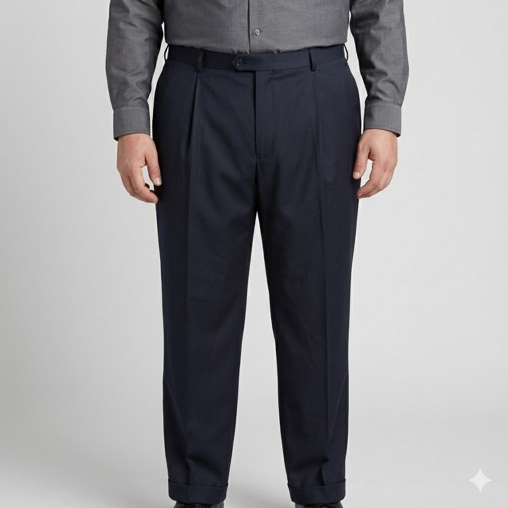 Sean John Pleated Cuffed Suit Pants Navy Blue Poly Rayon Mens Size 44x30